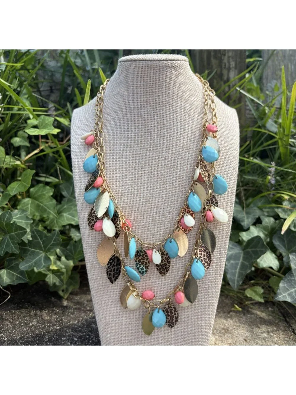Y2K Turquoise Pink Leopard Print Leaf Charm Layered Statement Necklace Gold 22